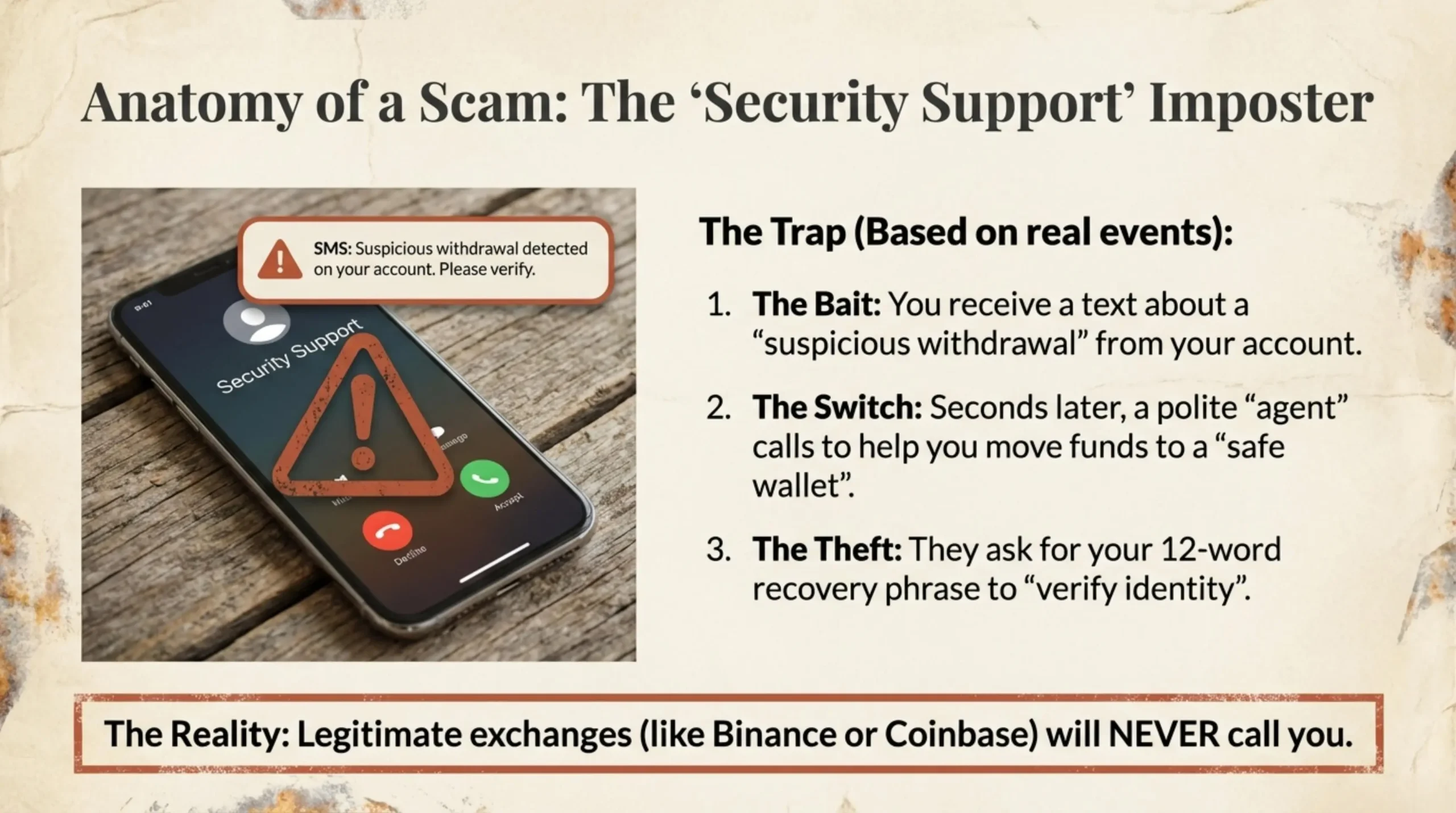 Fake security alert on a smartphone used by crypto scammers