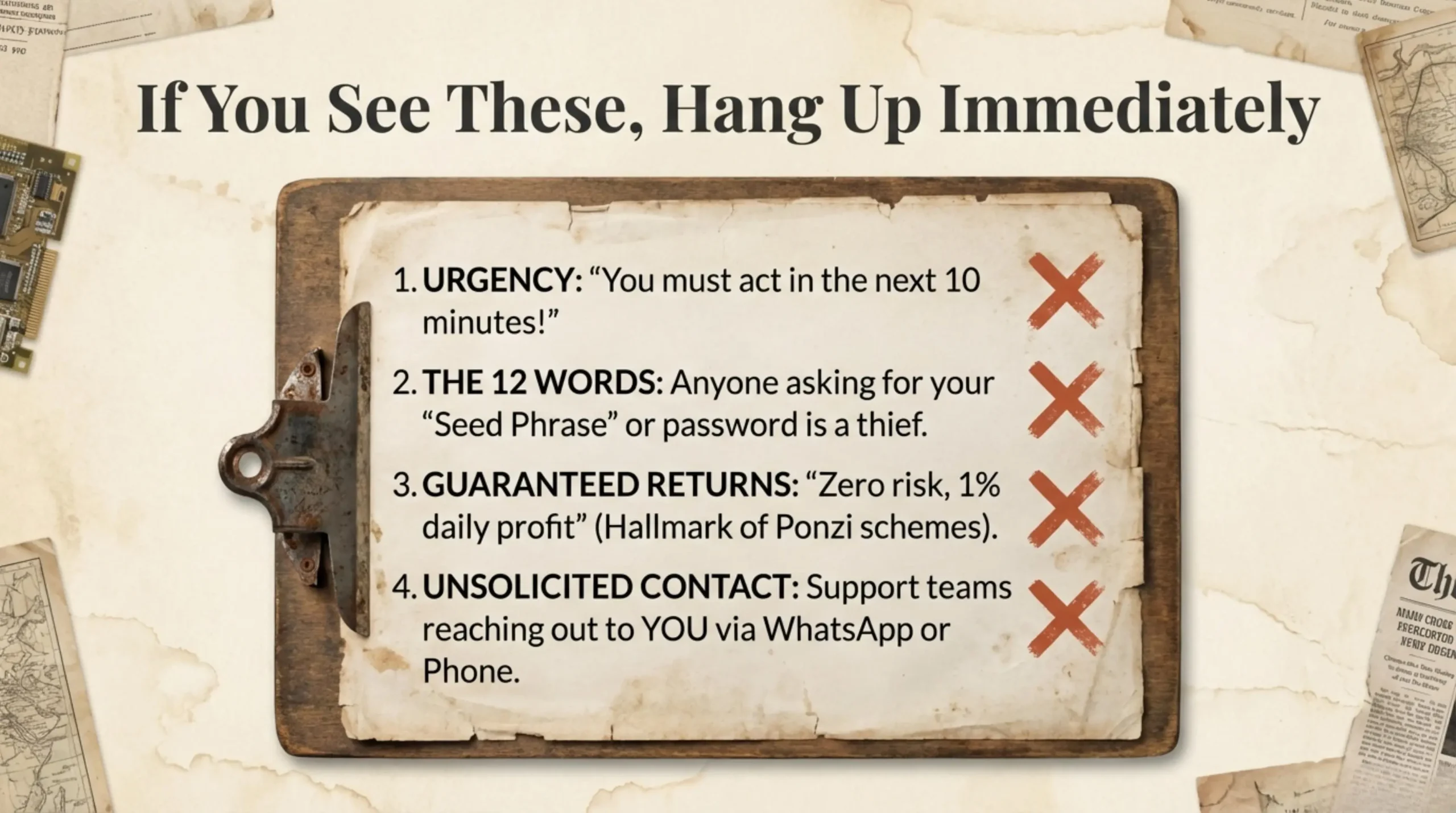 Checklist of red flag warning signs for crypto scams