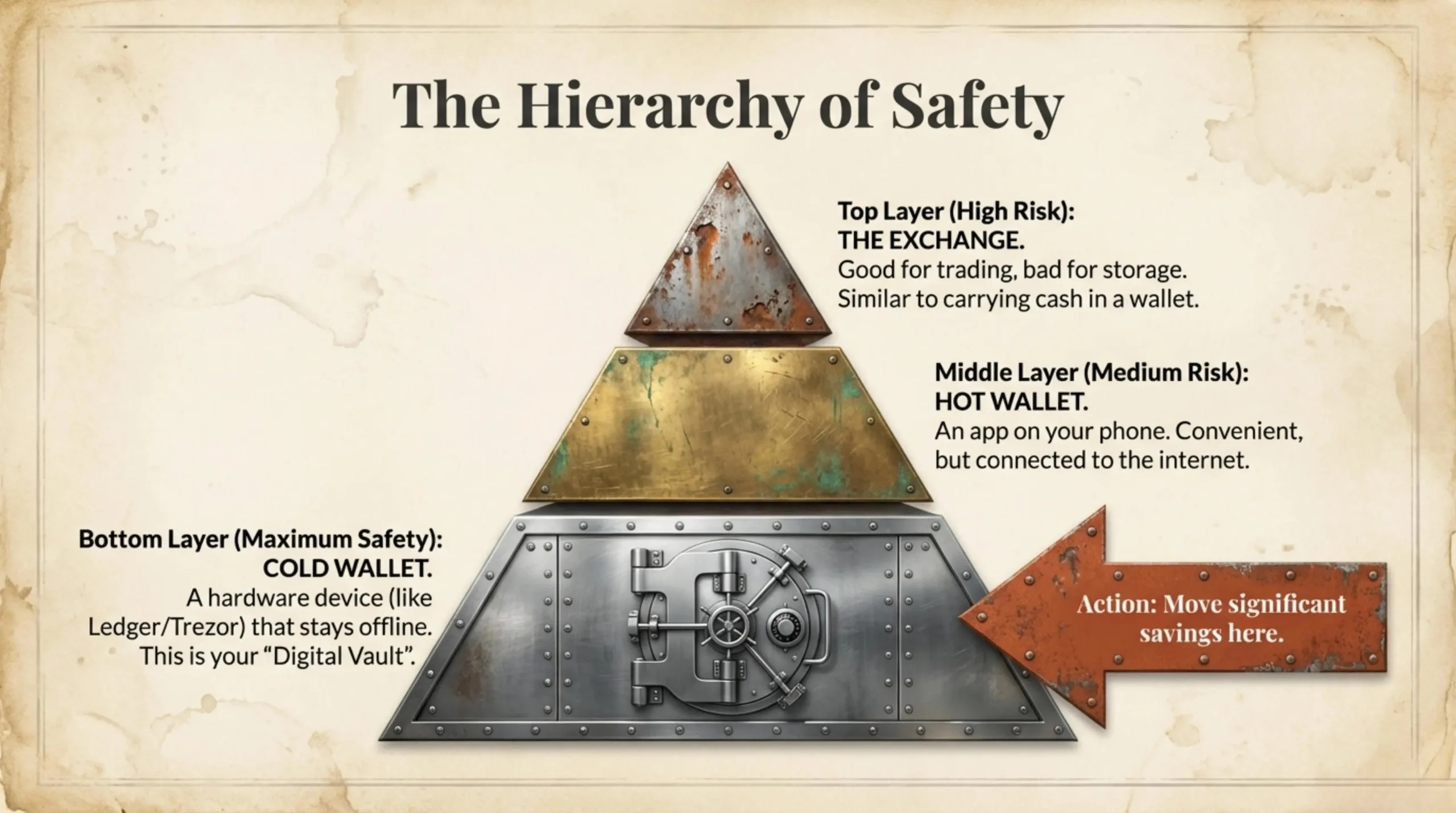 Pyramid showing crypto storage security levels: Exchange, Hot Wallet, Cold Wallet