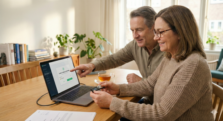 A mature couple collaboratively securing their cryptocurrency using a hardware wallet