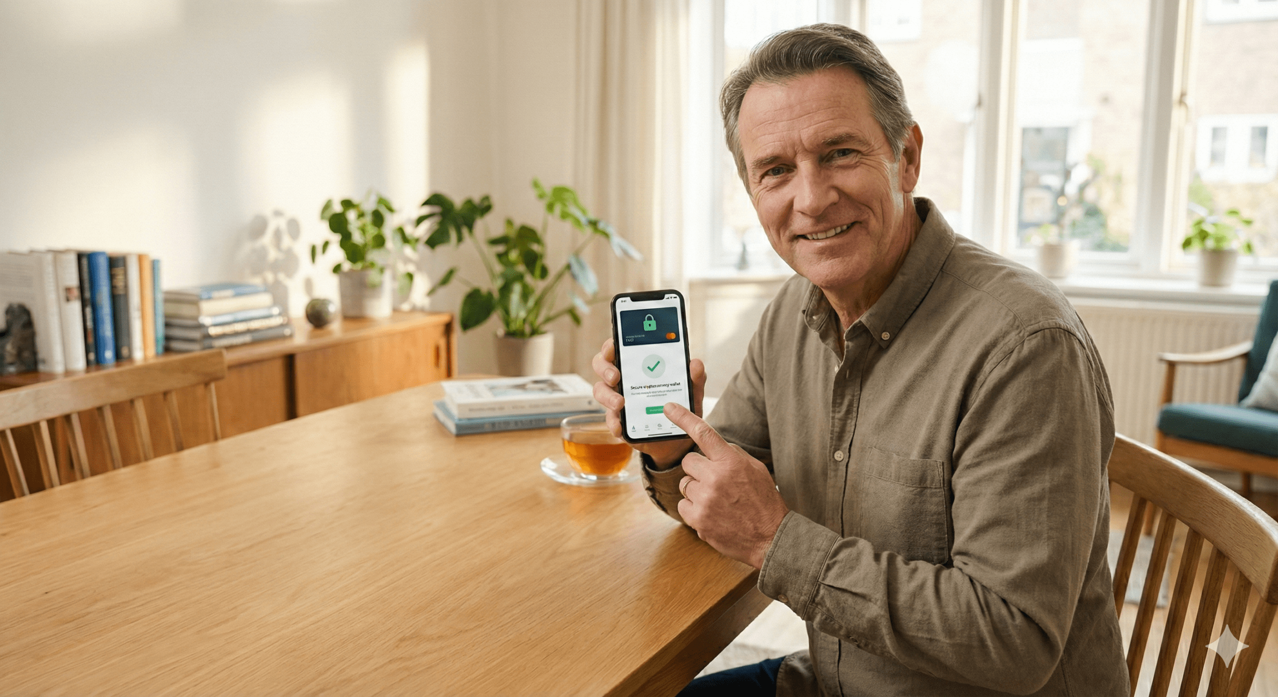 Senior man successfully using a secure crypto wallet app