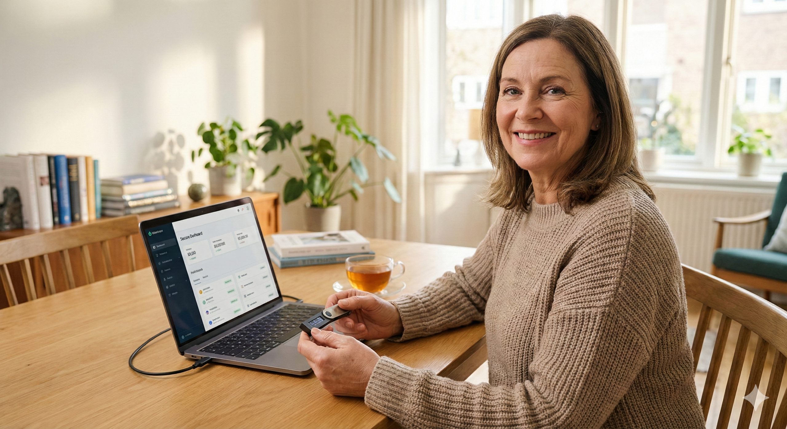 A woman smiling while securely managing her crypto assets with a hardware wallet and laptop